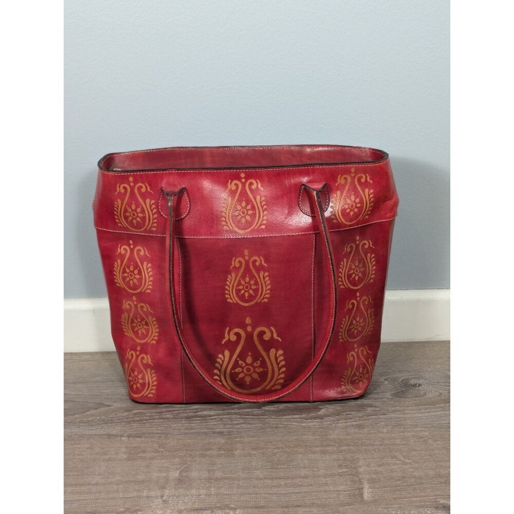Vintage Chico's Red Leather Embossed Square Tote Bag Shoulder Straps Boho